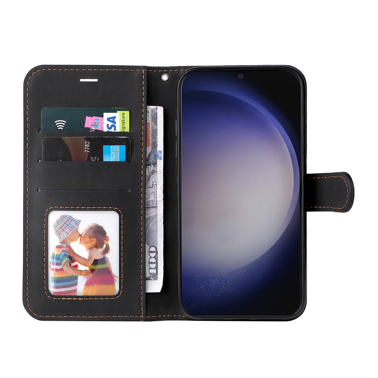 For Samsung Galaxy S24+ Case Three-color Splicing Wallet Phone Cover with Strap - Black