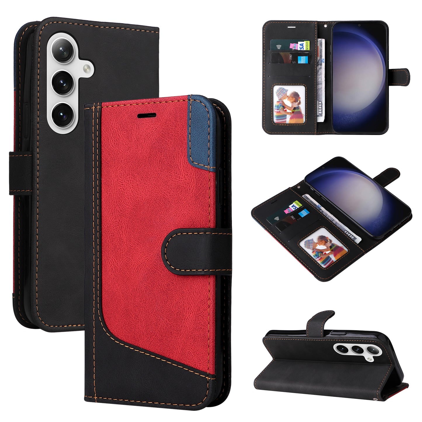 For Samsung Galaxy S24+ Case Three-color Splicing Wallet Phone Cover with Strap - Black