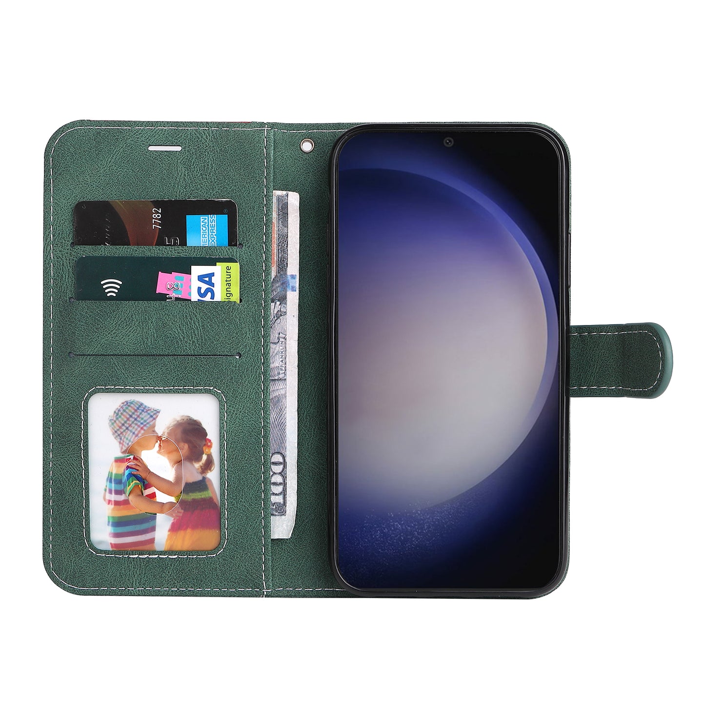 For Samsung Galaxy S24+ Case Three-color Splicing Wallet Phone Cover with Strap - Green