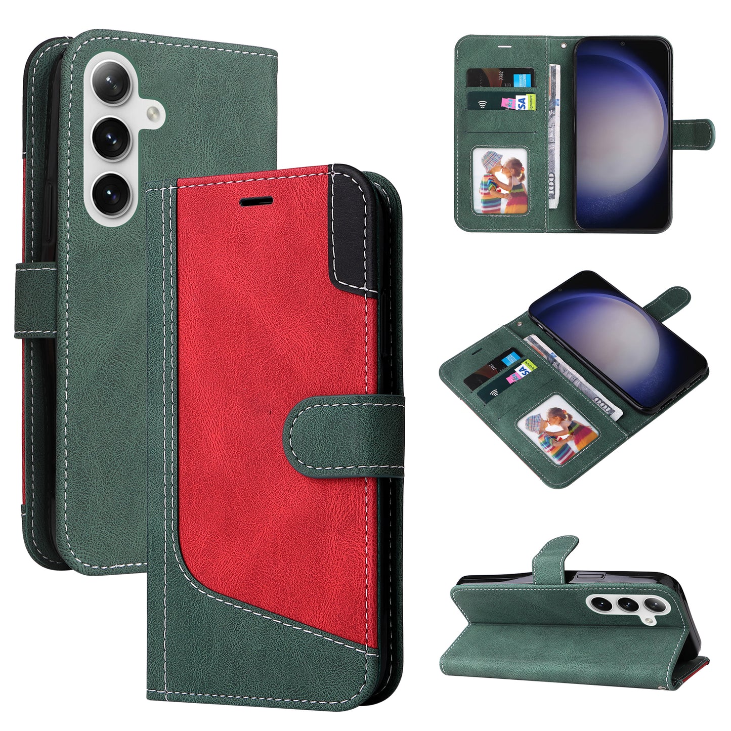 For Samsung Galaxy S24+ Case Three-color Splicing Wallet Phone Cover with Strap - Green