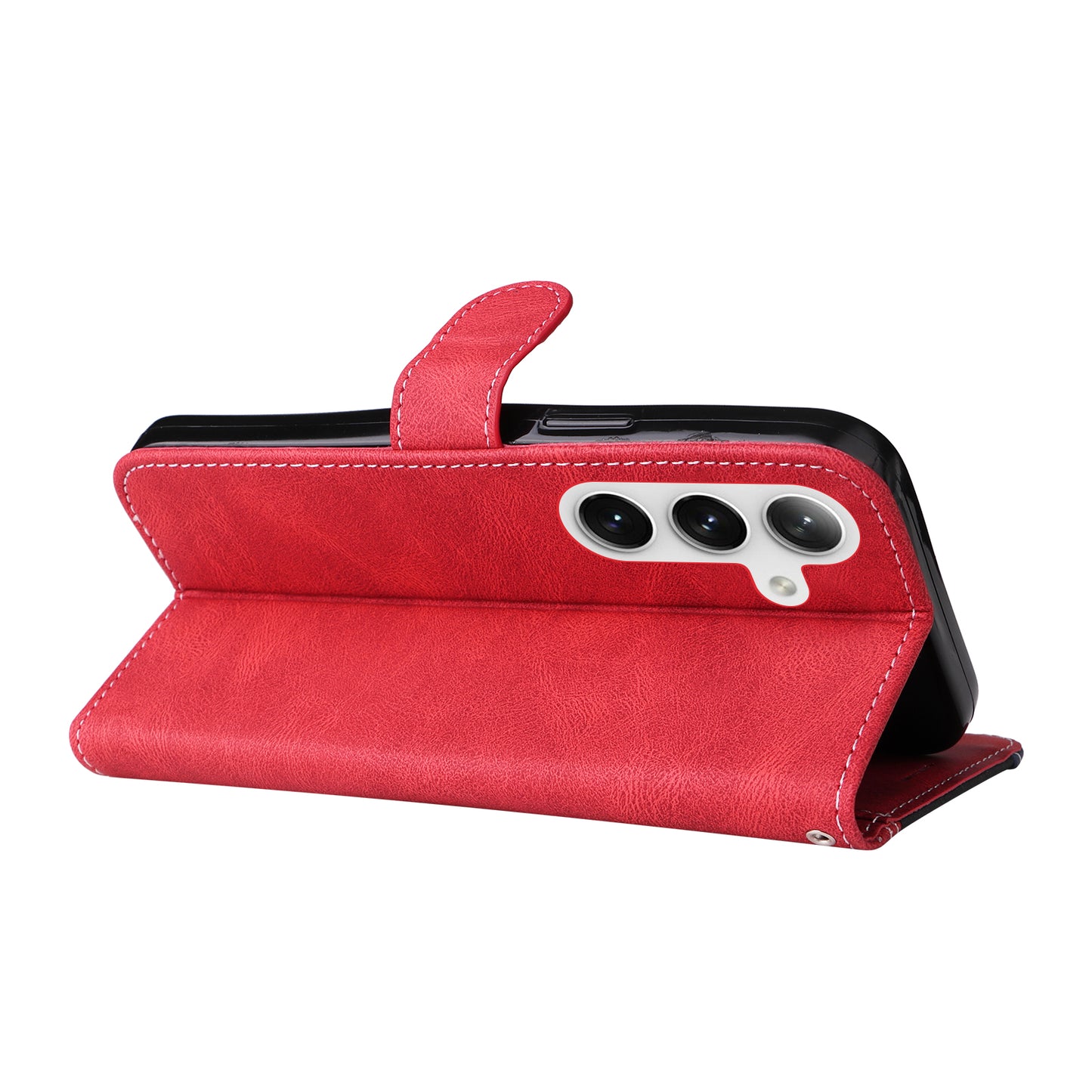 For Samsung Galaxy S24+ Case Three-color Splicing Wallet Phone Cover with Strap - Red