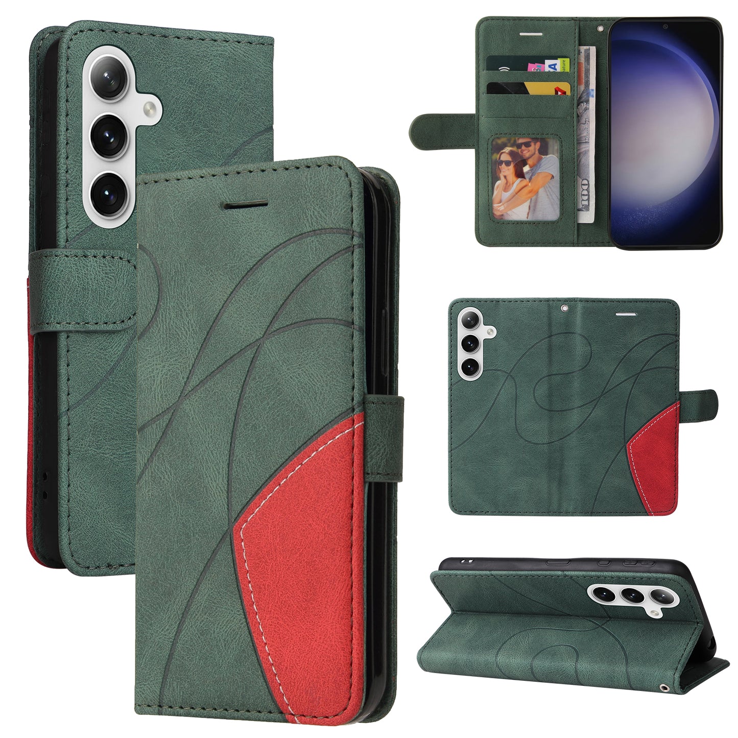 KT Leather Series-1 For Samsung Galaxy S24+ Phone Case Dual Color Spilicing Wallet Cover - Green