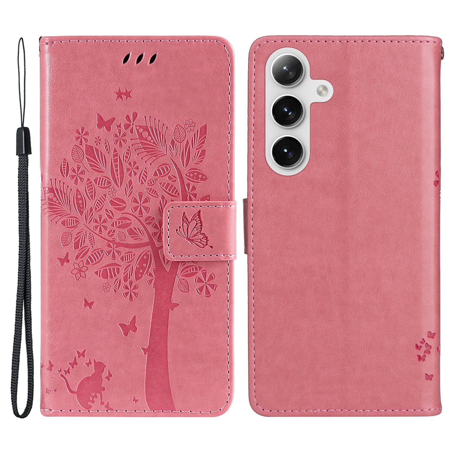 KT Imprinting Flower Series-3 for Samsung Galaxy S24+ Case Imprinted Cat Tree Wallet Phone Cover - Pink