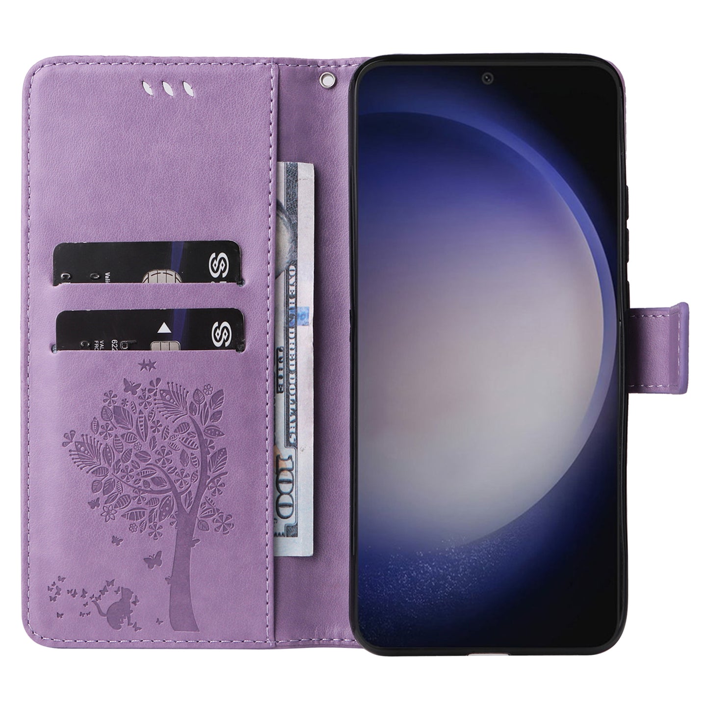 KT Imprinting Flower Series-3 for Samsung Galaxy S24+ Case Imprinted Cat Tree Wallet Phone Cover - Light Purple