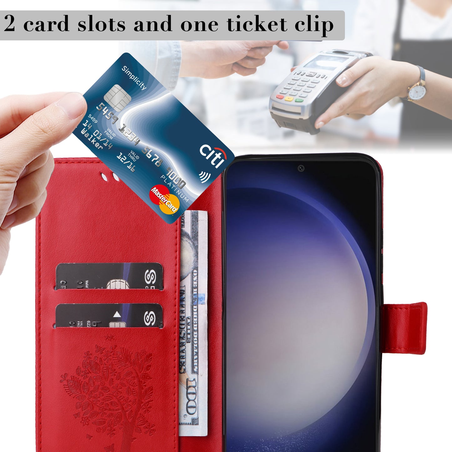 KT Imprinting Flower Series-3 for Samsung Galaxy S24+ Case Imprinted Cat Tree Wallet Phone Cover - Red