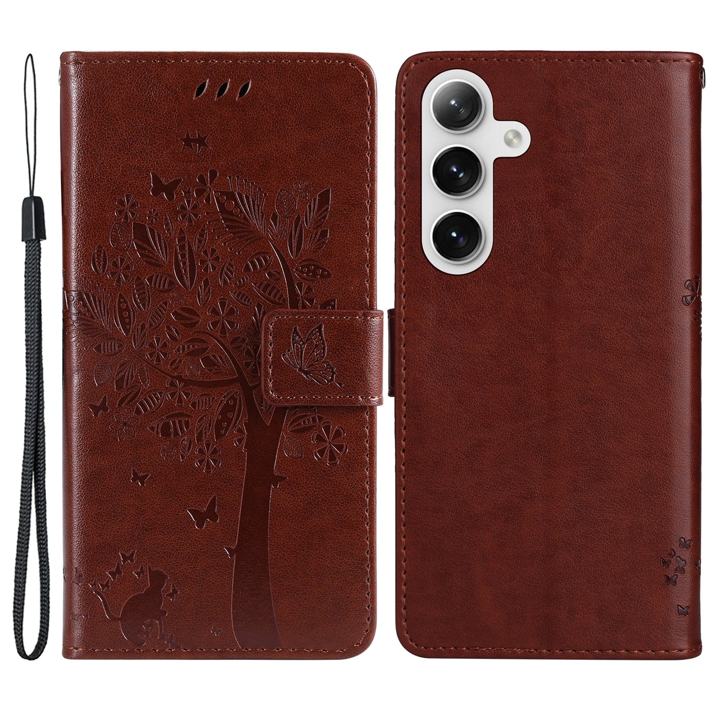 KT Imprinting Flower Series-3 for Samsung Galaxy S24+ Case Imprinted Cat Tree Wallet Phone Cover - Coffee