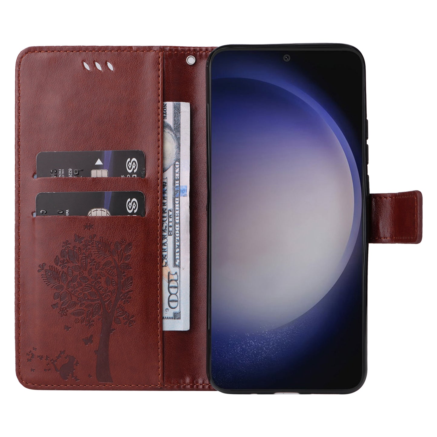 KT Imprinting Flower Series-3 for Samsung Galaxy S24+ Case Imprinted Cat Tree Wallet Phone Cover - Coffee