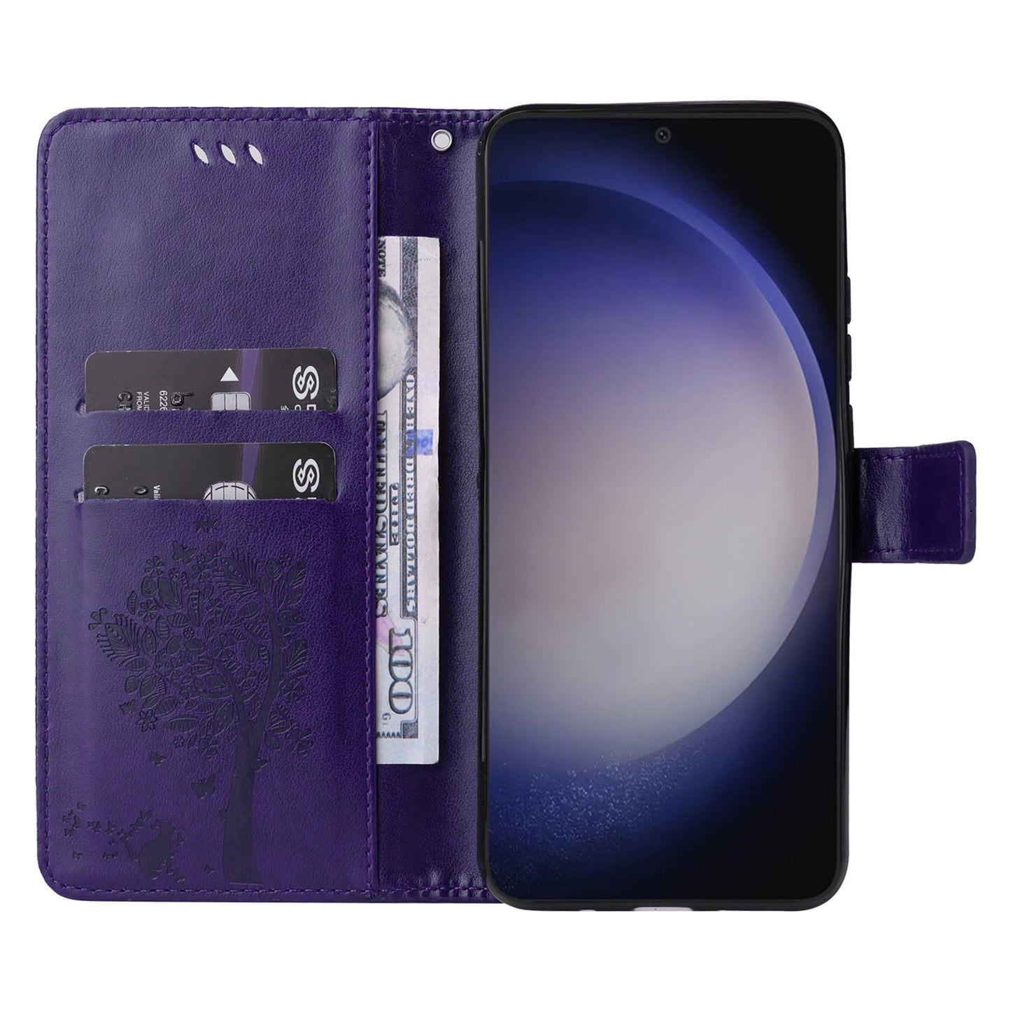 KT Imprinting Flower Series-3 for Samsung Galaxy S24+ Case Imprinted Cat Tree Wallet Phone Cover - Purple