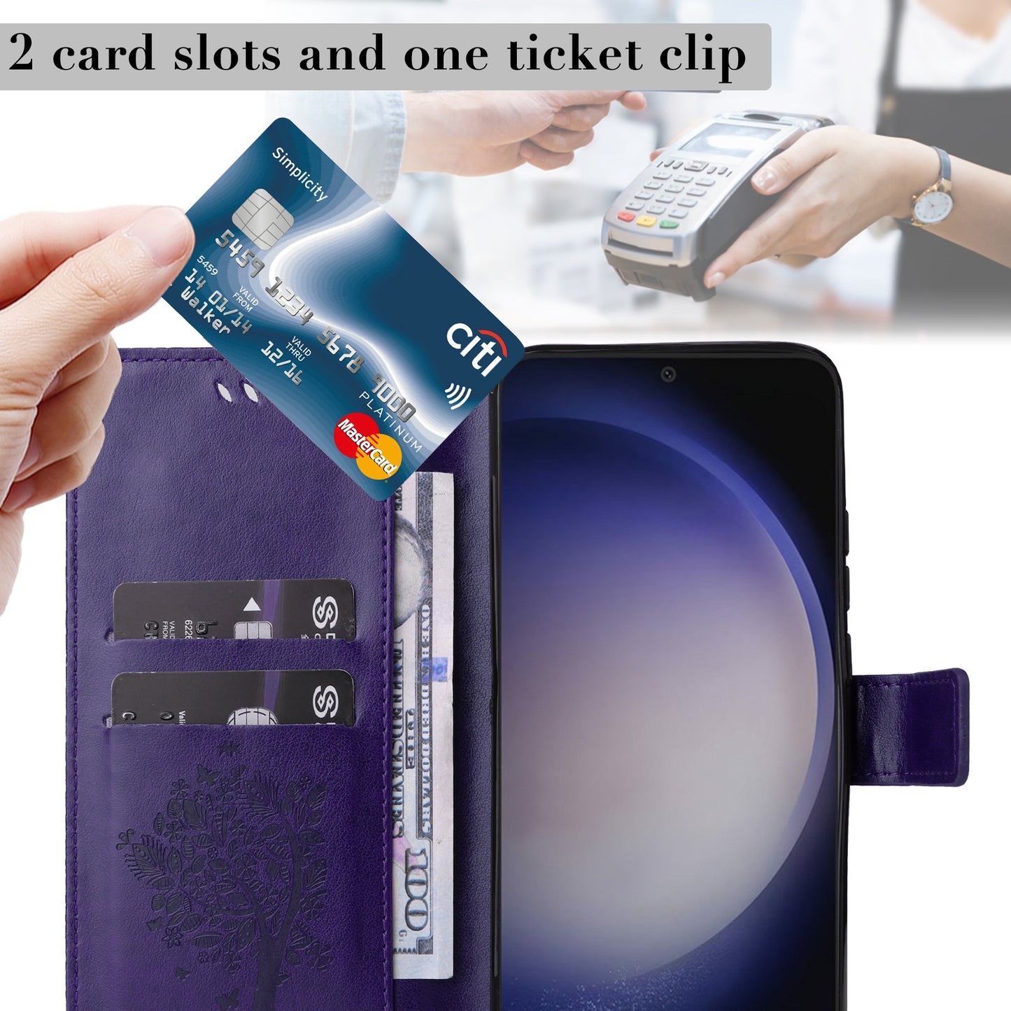 KT Imprinting Flower Series-3 for Samsung Galaxy S24+ Case Imprinted Cat Tree Wallet Phone Cover - Purple