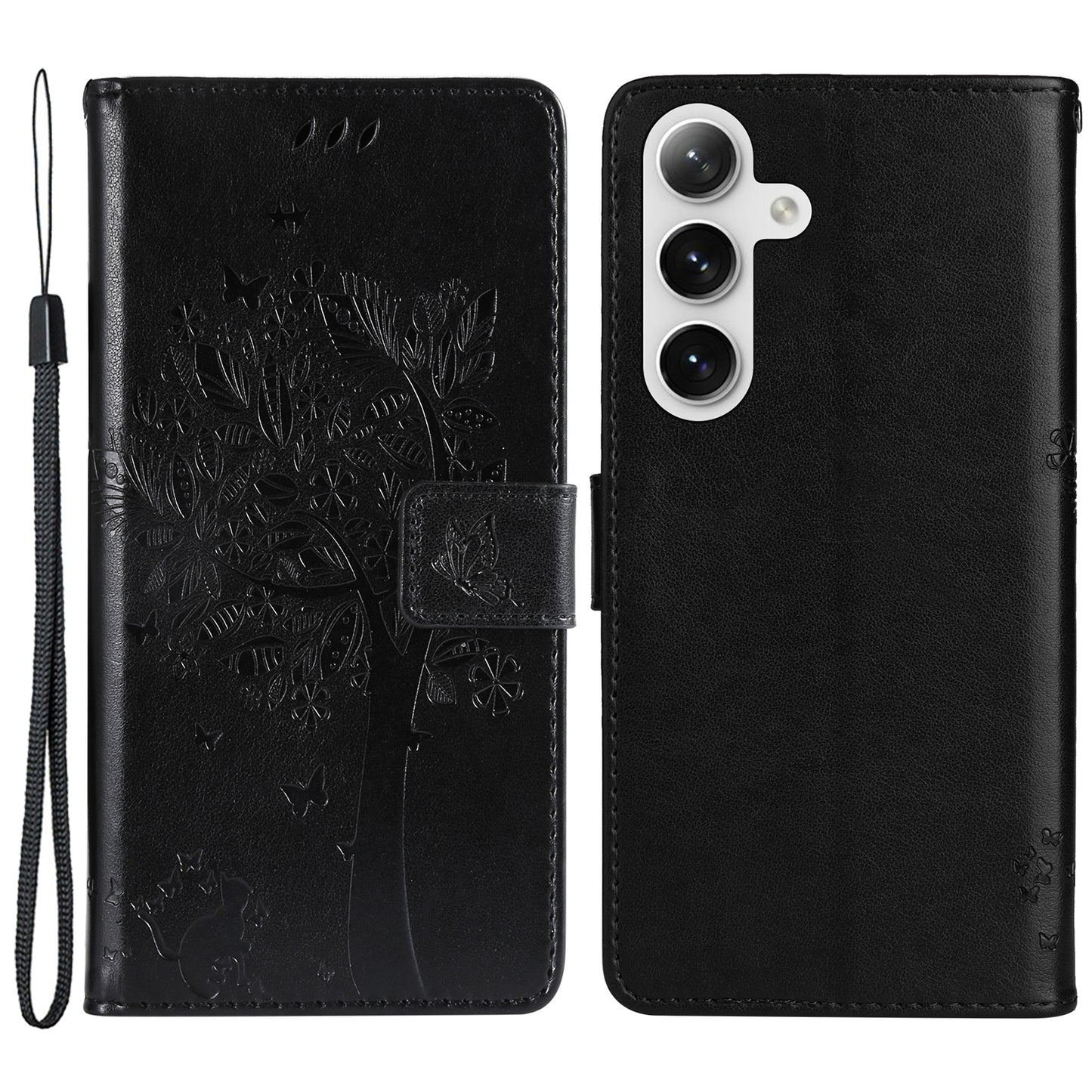 KT Imprinting Flower Series-3 for Samsung Galaxy S24+ Case Imprinted Cat Tree Wallet Phone Cover - Black