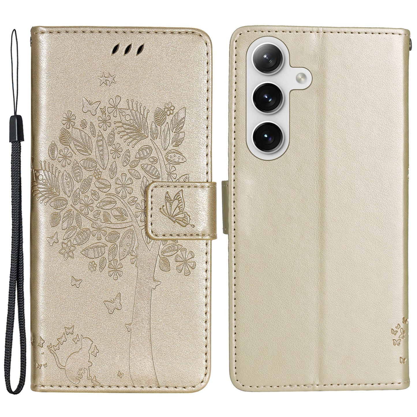 KT Imprinting Flower Series-3 for Samsung Galaxy S24+ Case Imprinted Cat Tree Wallet Phone Cover - Gold