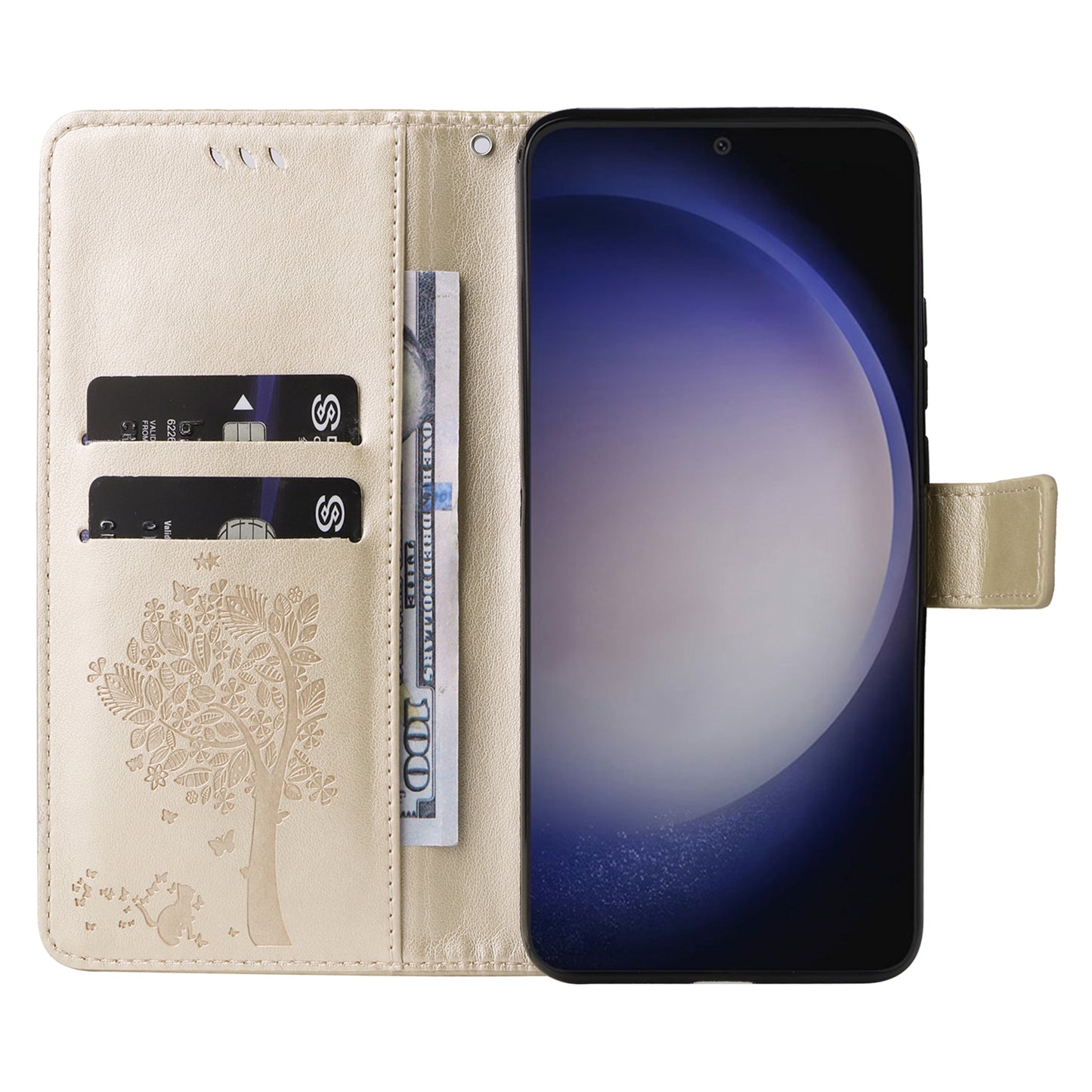 KT Imprinting Flower Series-3 for Samsung Galaxy S24+ Case Imprinted Cat Tree Wallet Phone Cover - Gold