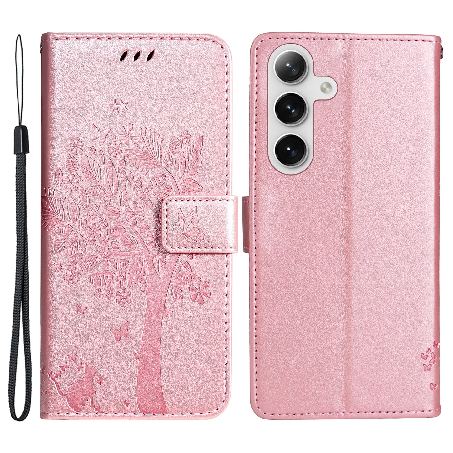 KT Imprinting Flower Series-3 for Samsung Galaxy S24+ Case Imprinted Cat Tree Wallet Phone Cover - Rose Gold