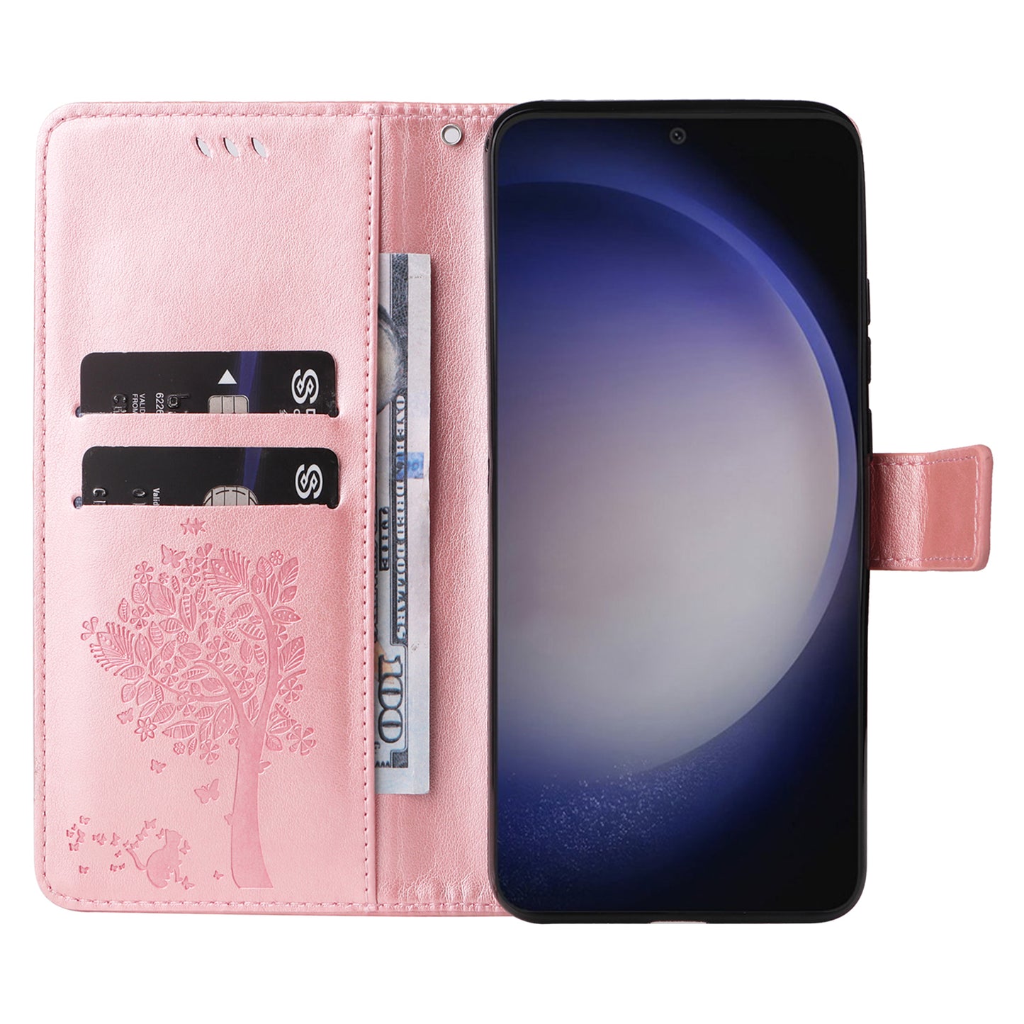 KT Imprinting Flower Series-3 for Samsung Galaxy S24+ Case Imprinted Cat Tree Wallet Phone Cover - Rose Gold