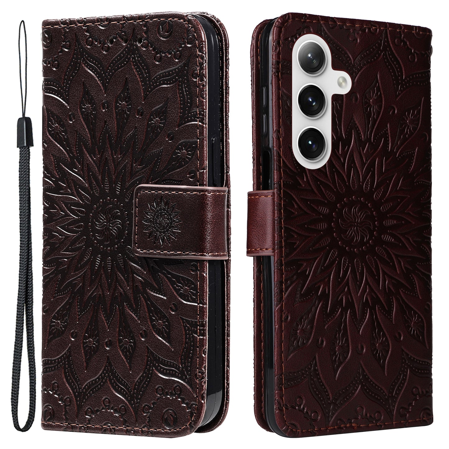 KT Imprinting Flower Series-1 For Samsung Galaxy S24 Case Leather Wallet Folio Phone Cover - Brown