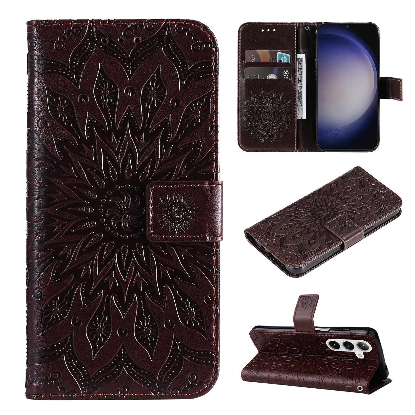 KT Imprinting Flower Series-1 For Samsung Galaxy S24 Case Leather Wallet Folio Phone Cover - Brown