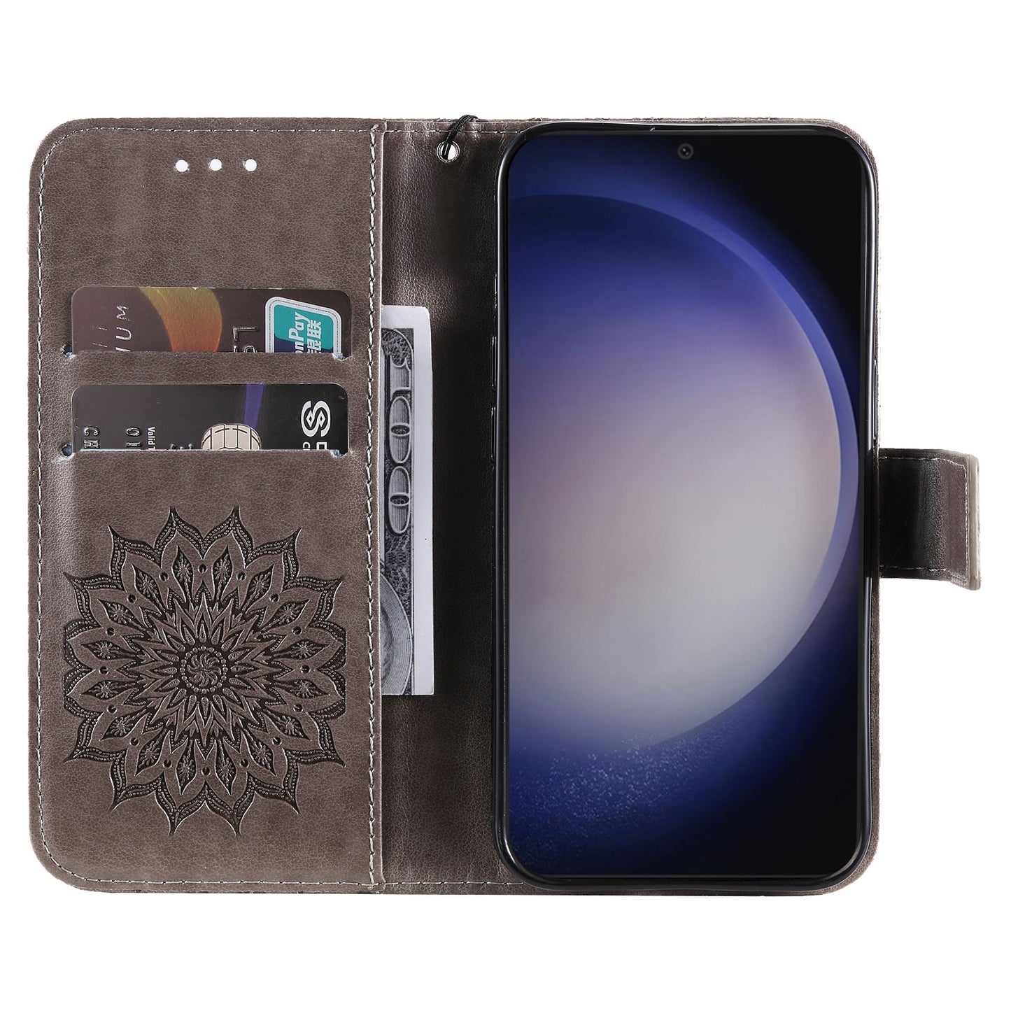 KT Imprinting Flower Series-1 For Samsung Galaxy S24 Case Leather Wallet Folio Phone Cover - Grey