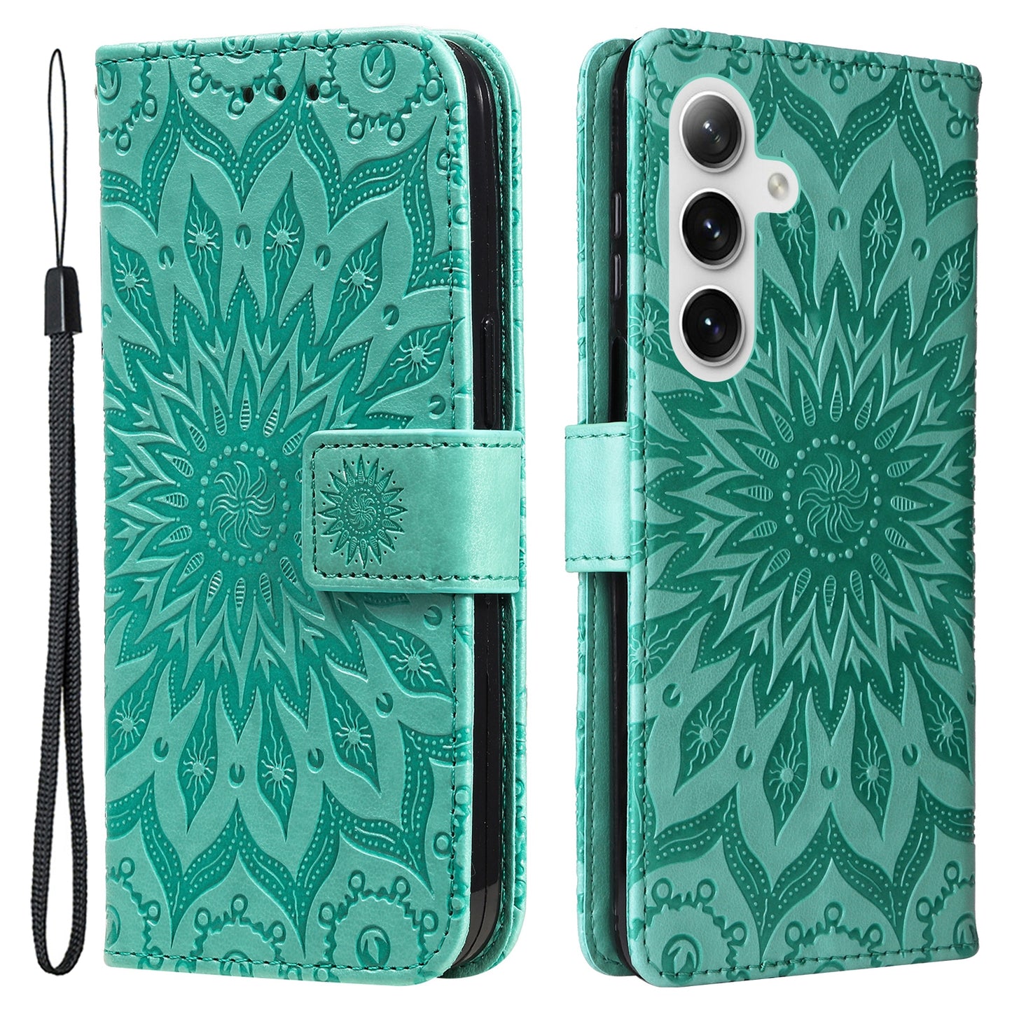 KT Imprinting Flower Series-1 For Samsung Galaxy S24 Case Leather Wallet Folio Phone Cover - Green