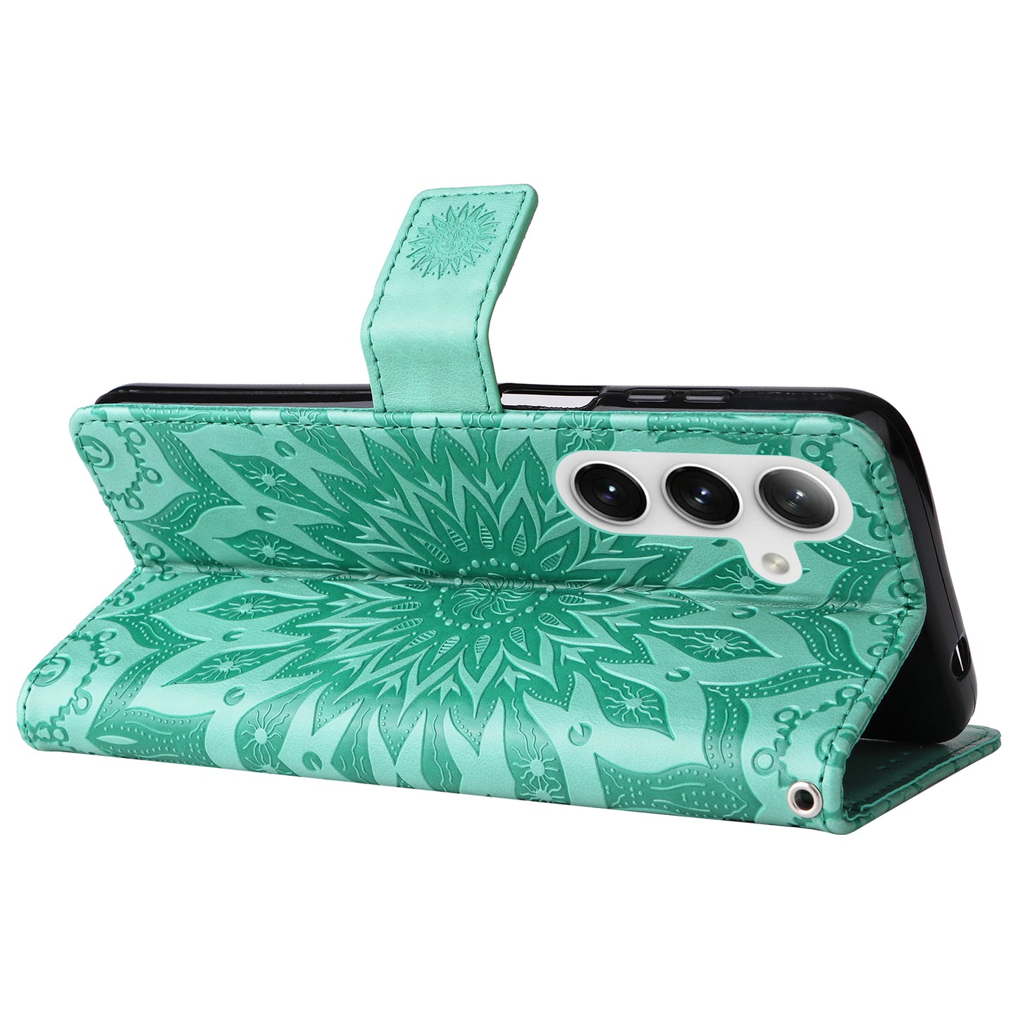KT Imprinting Flower Series-1 For Samsung Galaxy S24 Case Leather Wallet Folio Phone Cover - Green