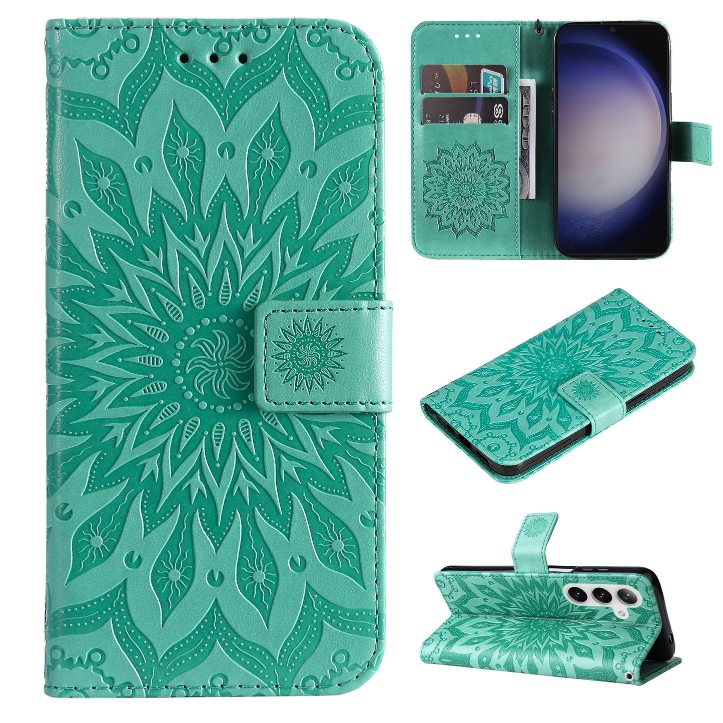 KT Imprinting Flower Series-1 For Samsung Galaxy S24 Case Leather Wallet Folio Phone Cover - Green