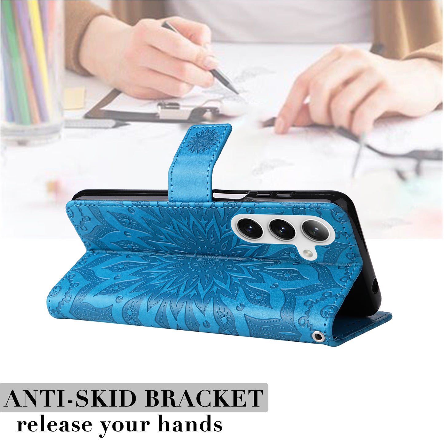 KT Imprinting Flower Series-1 For Samsung Galaxy S24 Case Leather Wallet Folio Phone Cover - Blue