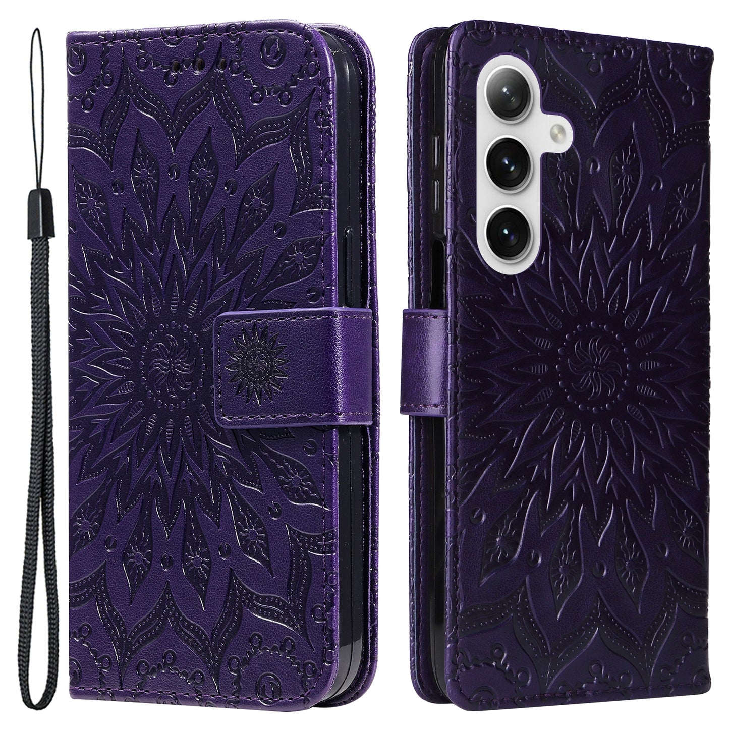 KT Imprinting Flower Series-1 For Samsung Galaxy S24 Case Leather Wallet Folio Phone Cover - Purple