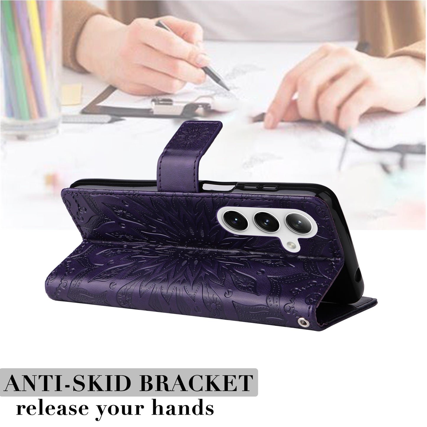 KT Imprinting Flower Series-1 For Samsung Galaxy S24 Case Leather Wallet Folio Phone Cover - Purple
