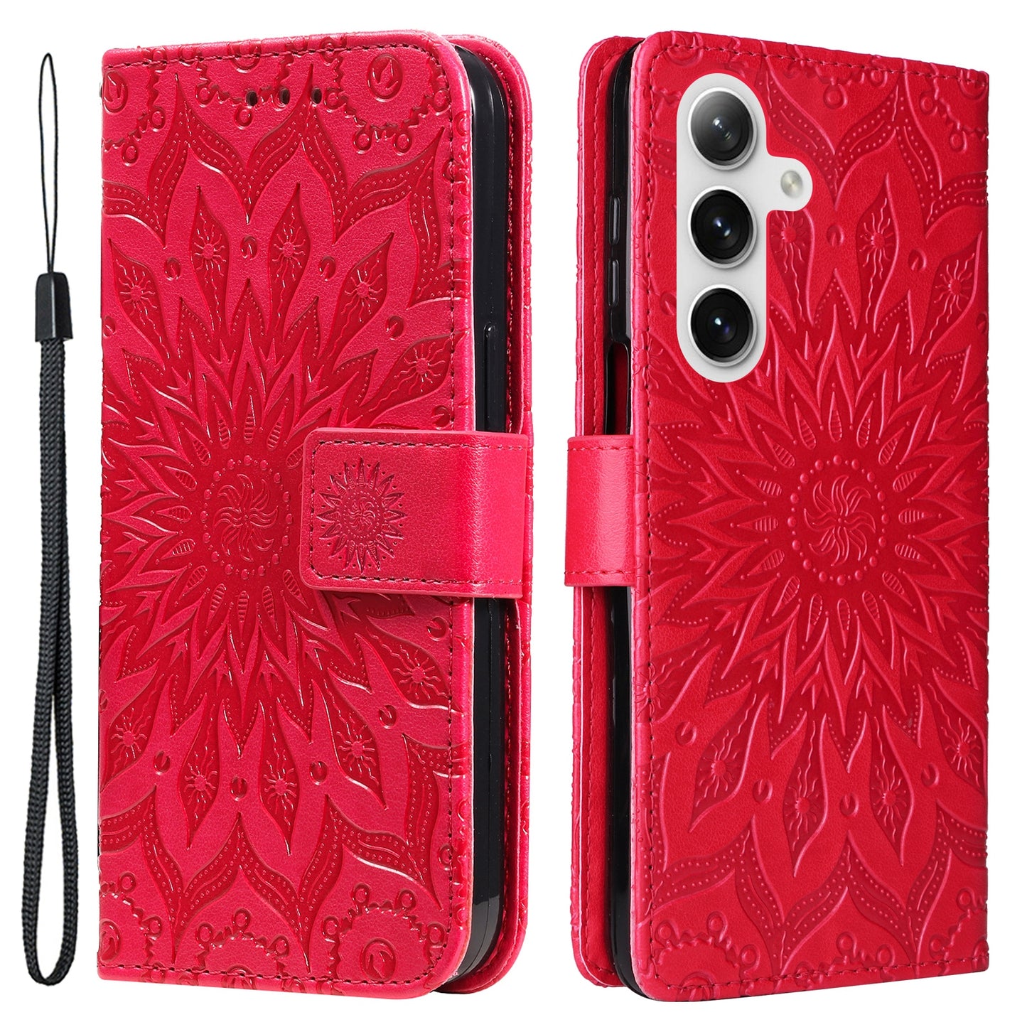 KT Imprinting Flower Series-1 For Samsung Galaxy S24 Case Leather Wallet Folio Phone Cover - Red