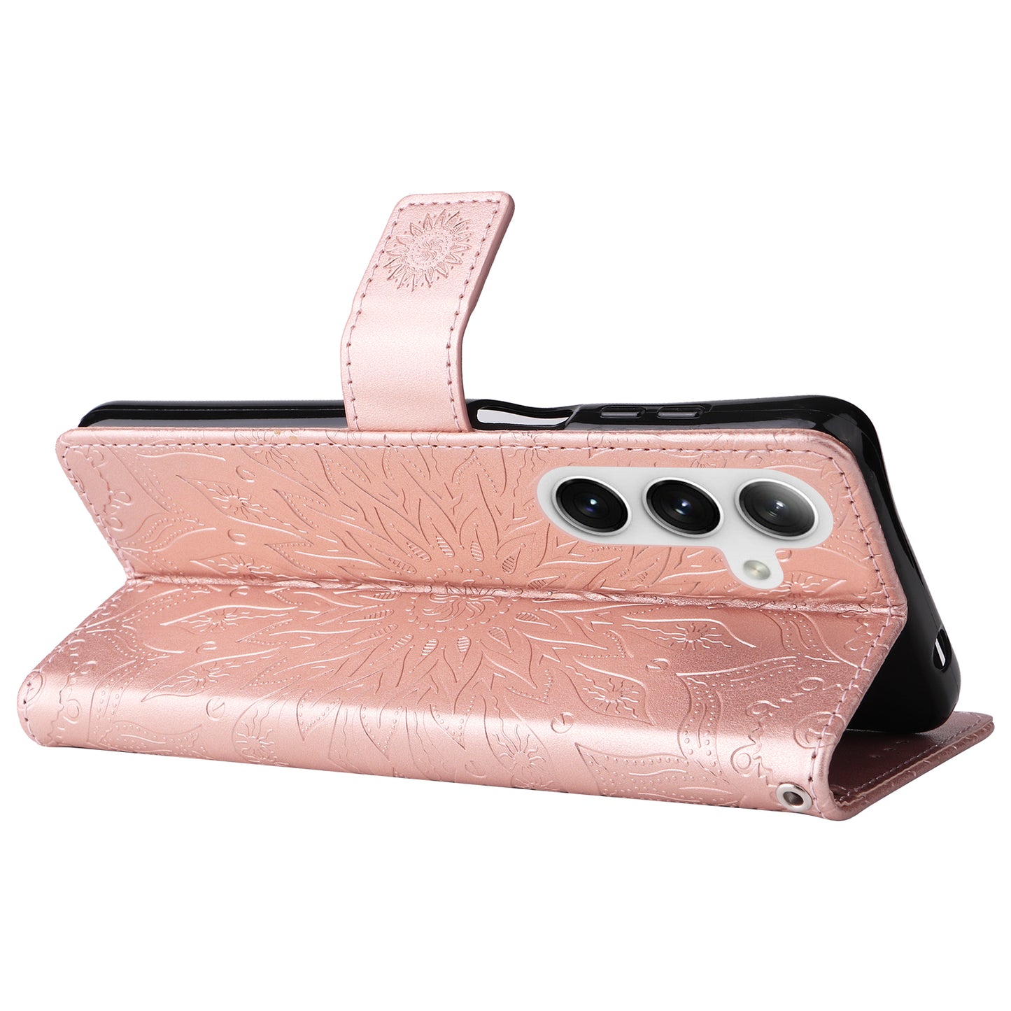 KT Imprinting Flower Series-1 For Samsung Galaxy S24 Case Leather Wallet Folio Phone Cover - Rose Gold