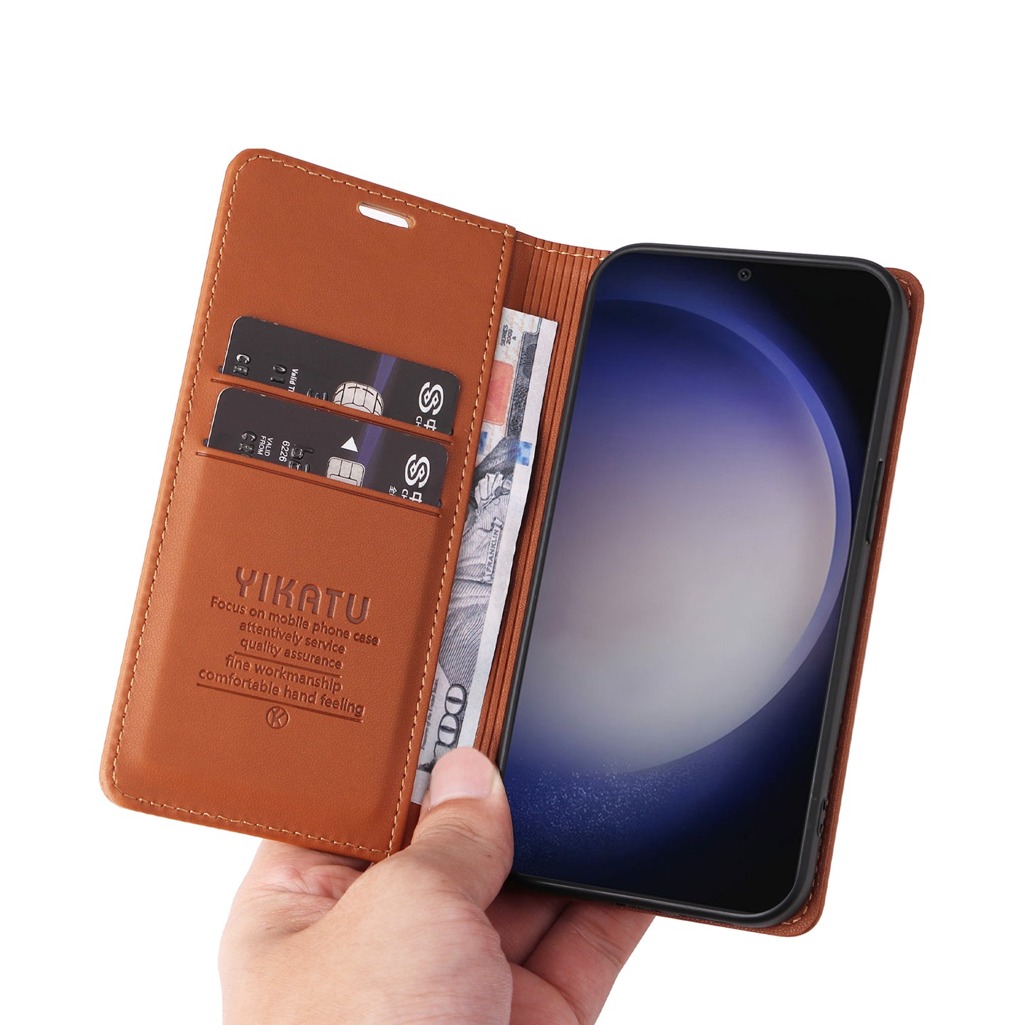 YIKATU YK-001 for Samsung Galaxy S24 Case PU Leather Magnetic Wallet Phone Cover - Brown