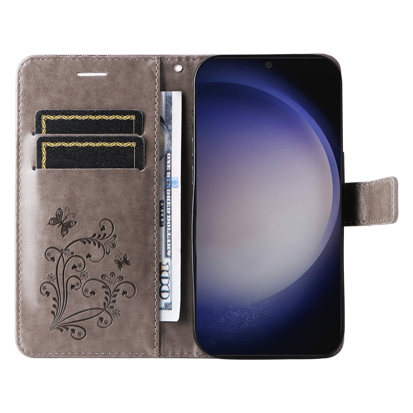 KT Imprinting Flower Series-2 For Samsung Galaxy S24 Case Leather Butterfly Flip Phone Cover - Grey