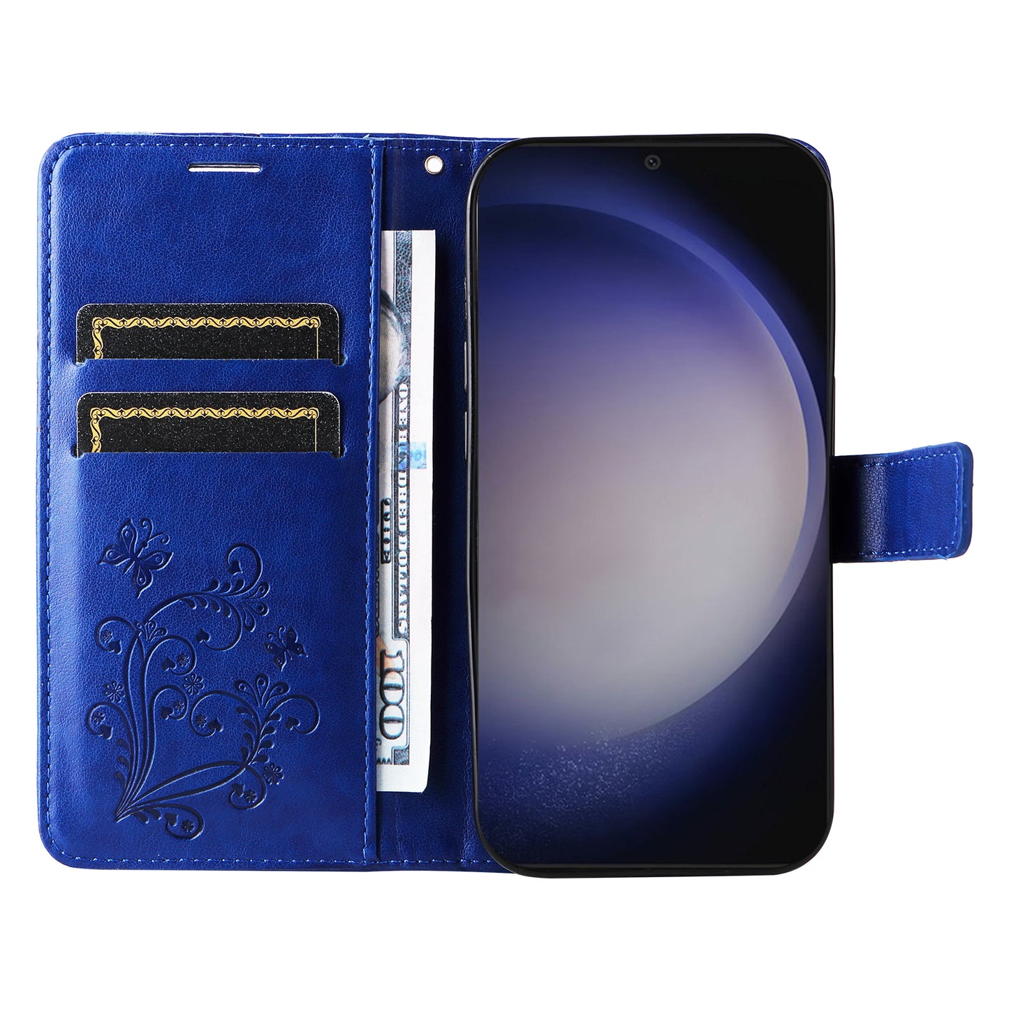 KT Imprinting Flower Series-2 For Samsung Galaxy S24 Case Leather Butterfly Flip Phone Cover - Blue