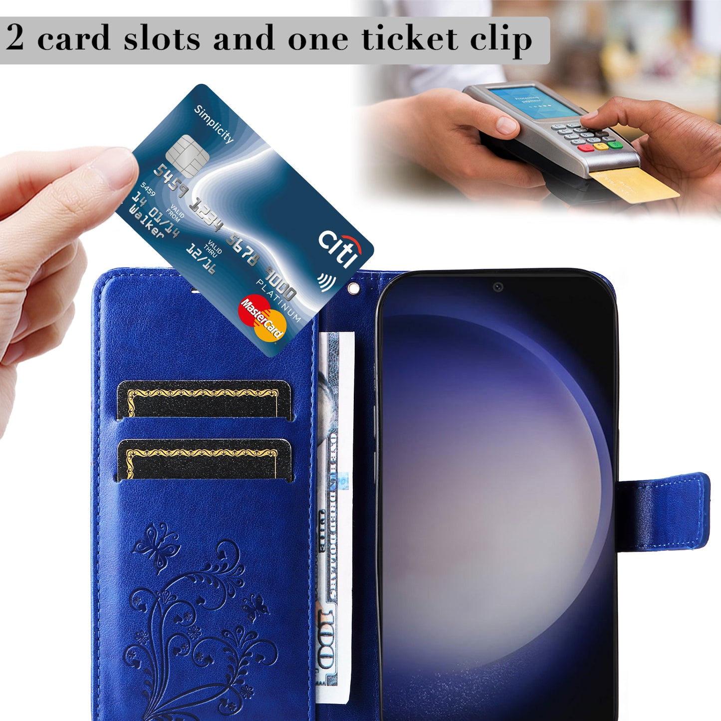 KT Imprinting Flower Series-2 For Samsung Galaxy S24 Case Leather Butterfly Flip Phone Cover - Blue