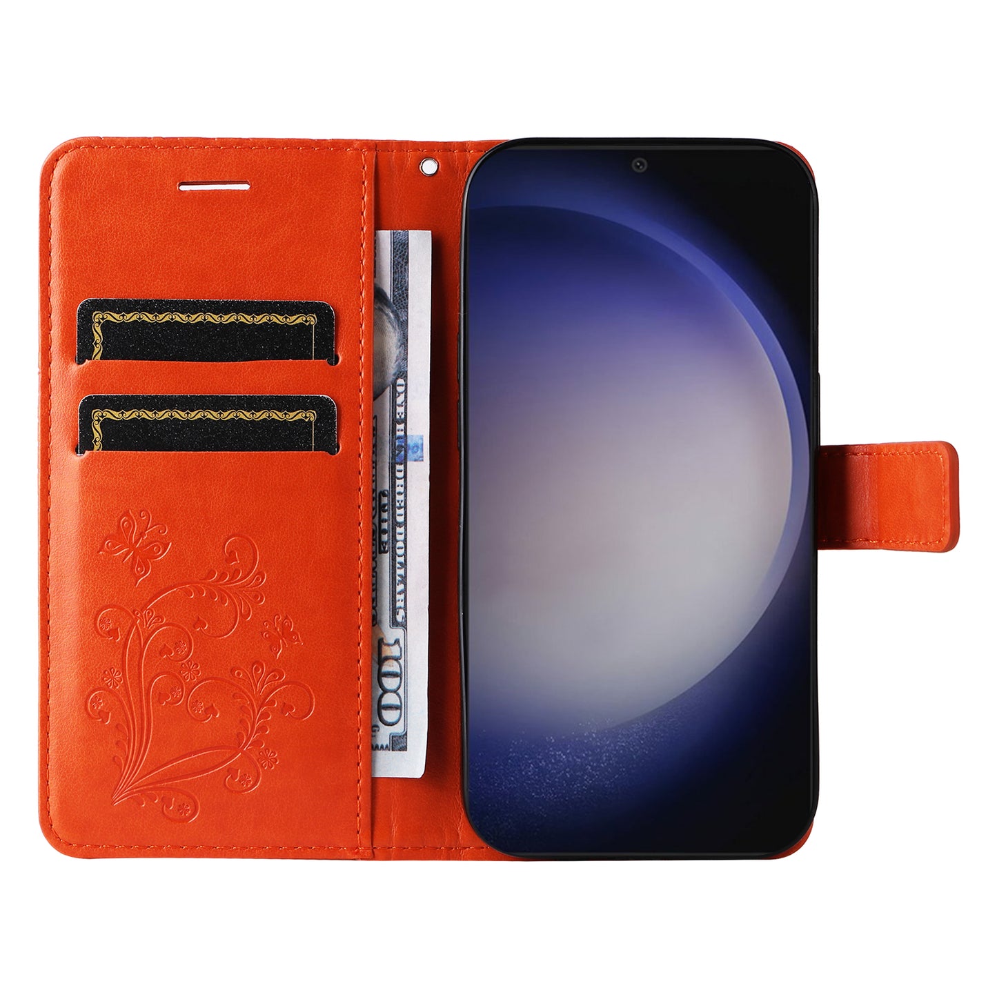 KT Imprinting Flower Series-2 For Samsung Galaxy S24 Case Leather Butterfly Flip Phone Cover - Orange