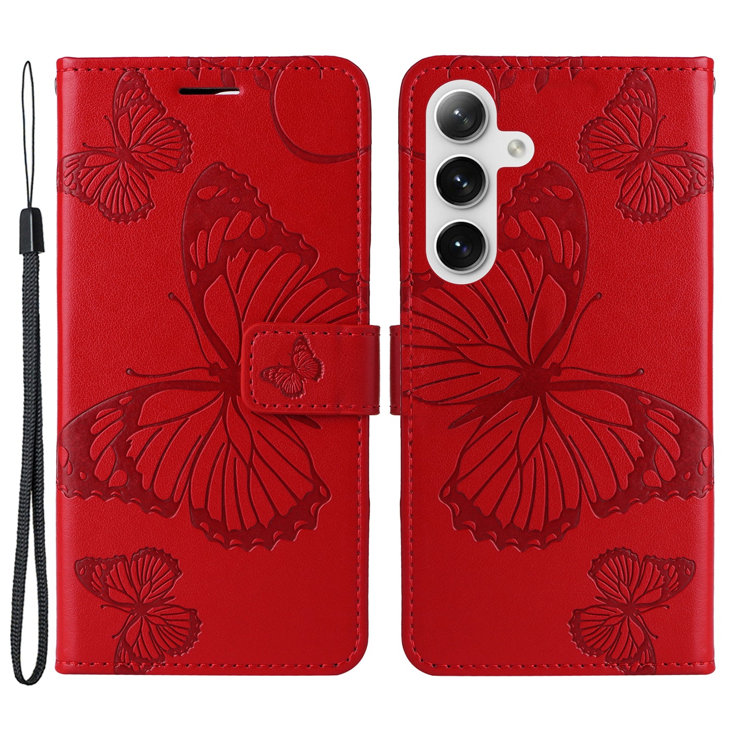 KT Imprinting Flower Series-2 For Samsung Galaxy S24 Case Leather Butterfly Flip Phone Cover - Red