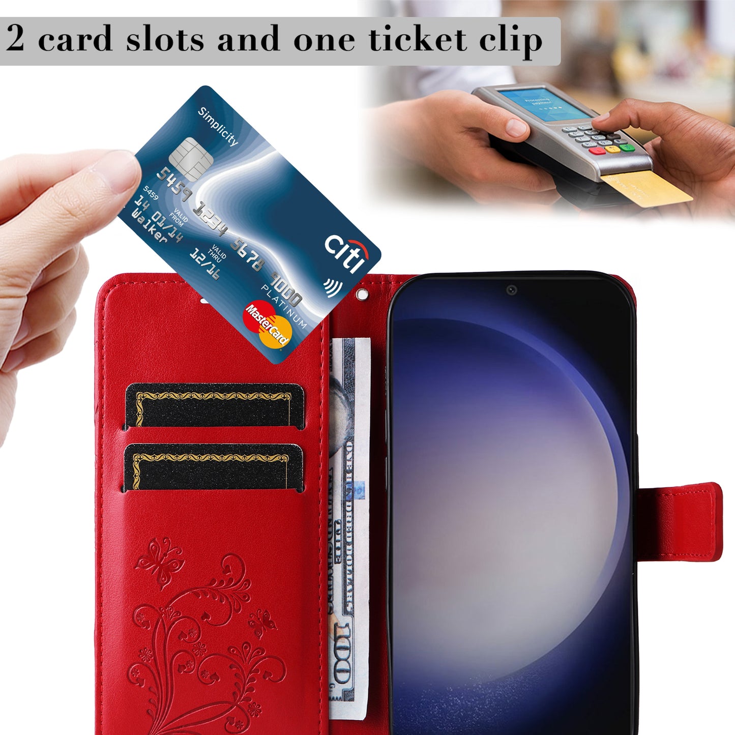 KT Imprinting Flower Series-2 For Samsung Galaxy S24 Case Leather Butterfly Flip Phone Cover - Red