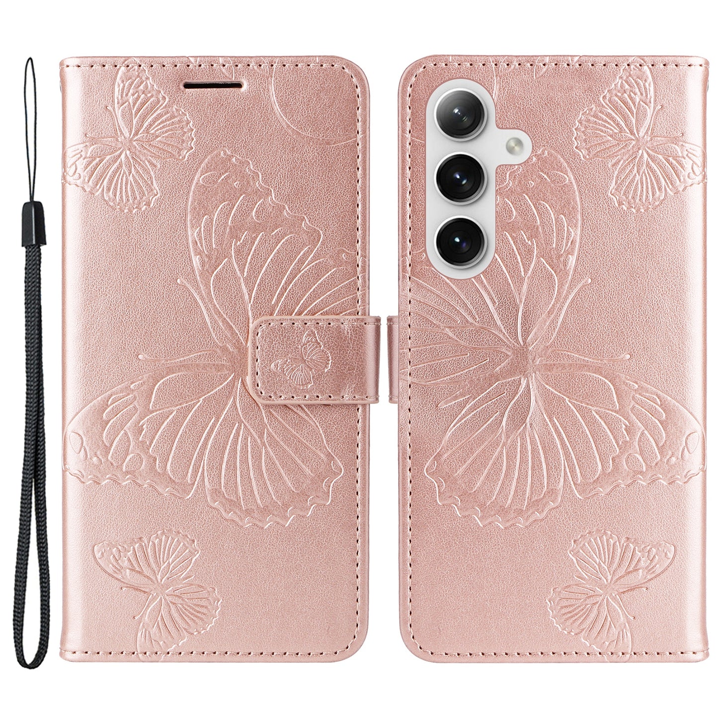 KT Imprinting Flower Series-2 For Samsung Galaxy S24 Case Leather Butterfly Flip Phone Cover - Rose Gold