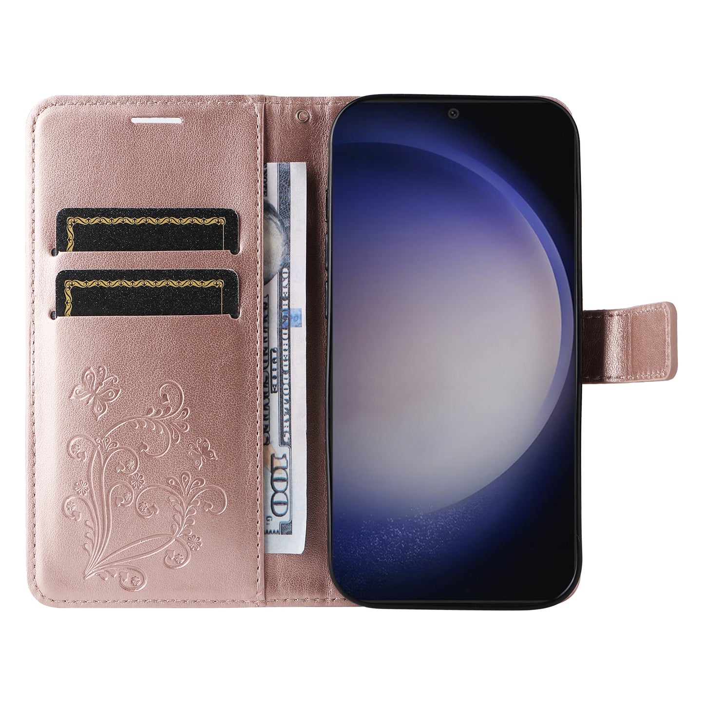 KT Imprinting Flower Series-2 For Samsung Galaxy S24 Case Leather Butterfly Flip Phone Cover - Rose Gold