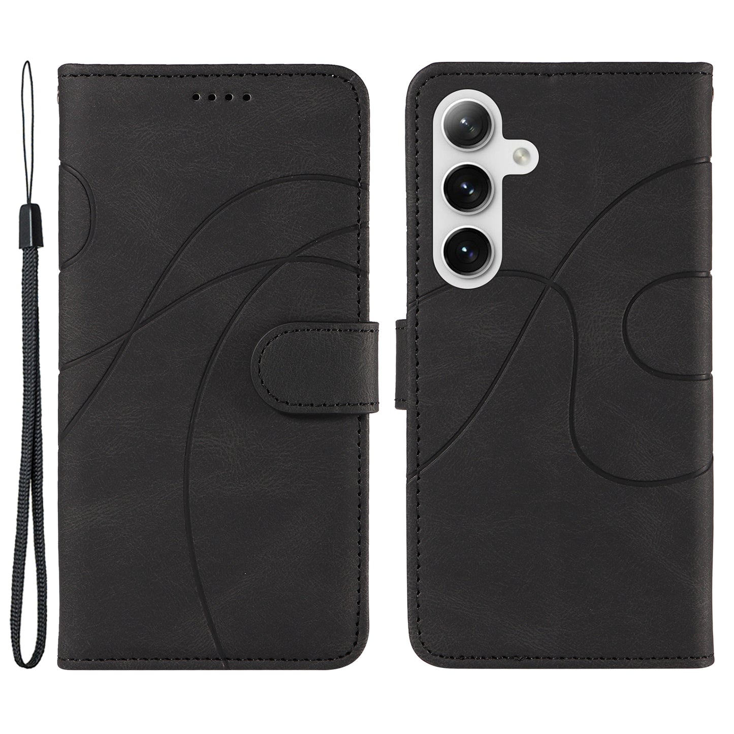 For Samsung Galaxy S24 Case PU Leather Imprinted Line Folio Phone Cover - Black