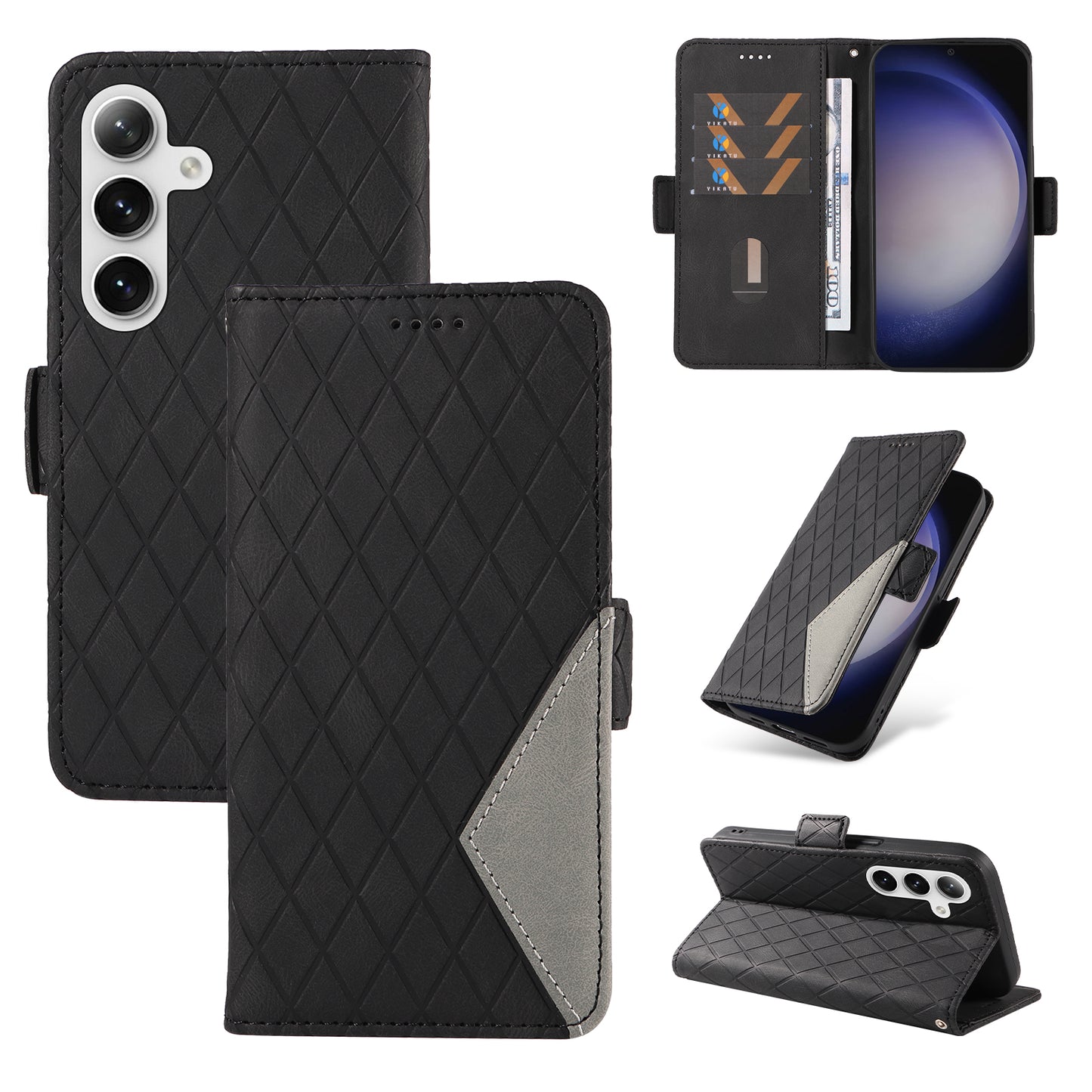 For Samsung Galaxy S24 Case Rhombus Imprinted Leather Protective Flip Phone Cover - Black