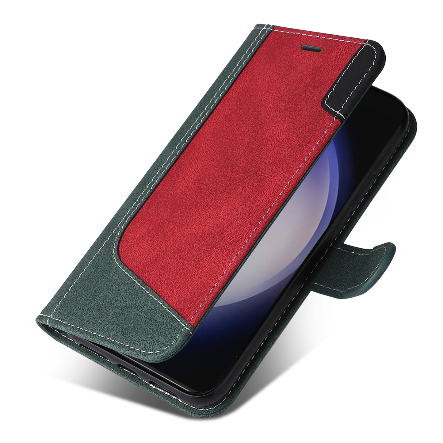 For Samsung Galaxy S24 Case Three-color Splicing Wallet Stand Folio Cover with Strap - Green