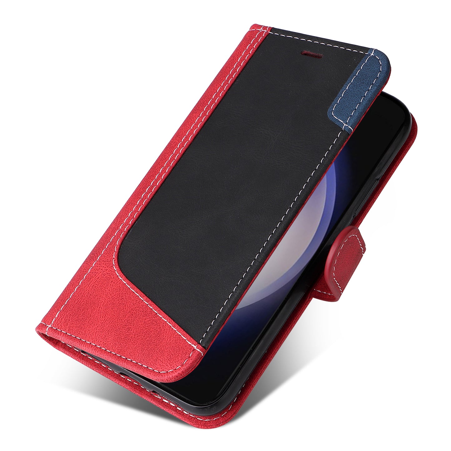 For Samsung Galaxy S24 Case Three-color Splicing Wallet Stand Folio Cover with Strap - Red