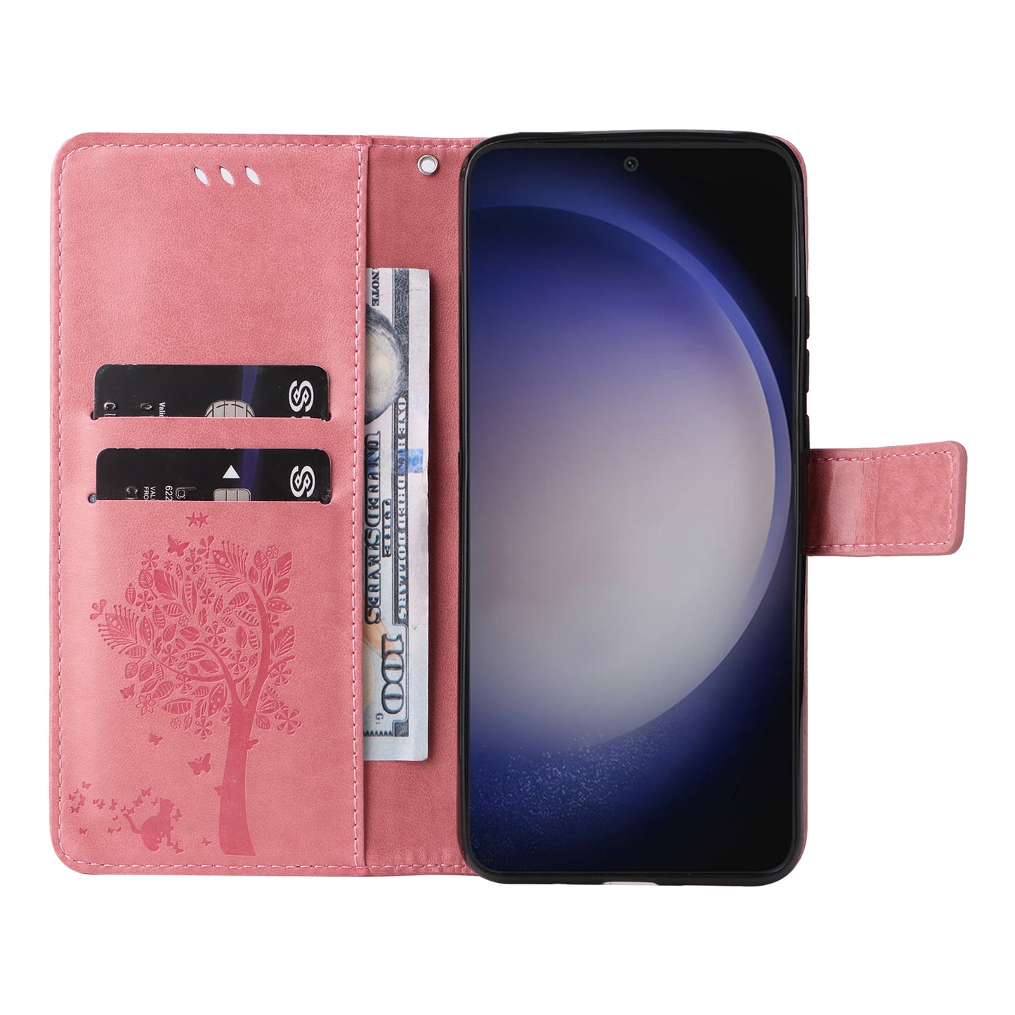 KT Imprinting Flower Series-3 for Samsung Galaxy S24 Case Leather Cat Tree Phone Cover - Pink