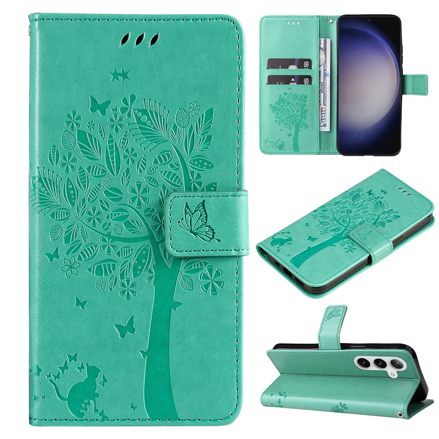 KT Imprinting Flower Series-3 for Samsung Galaxy S24 Case Leather Cat Tree Phone Cover - Green