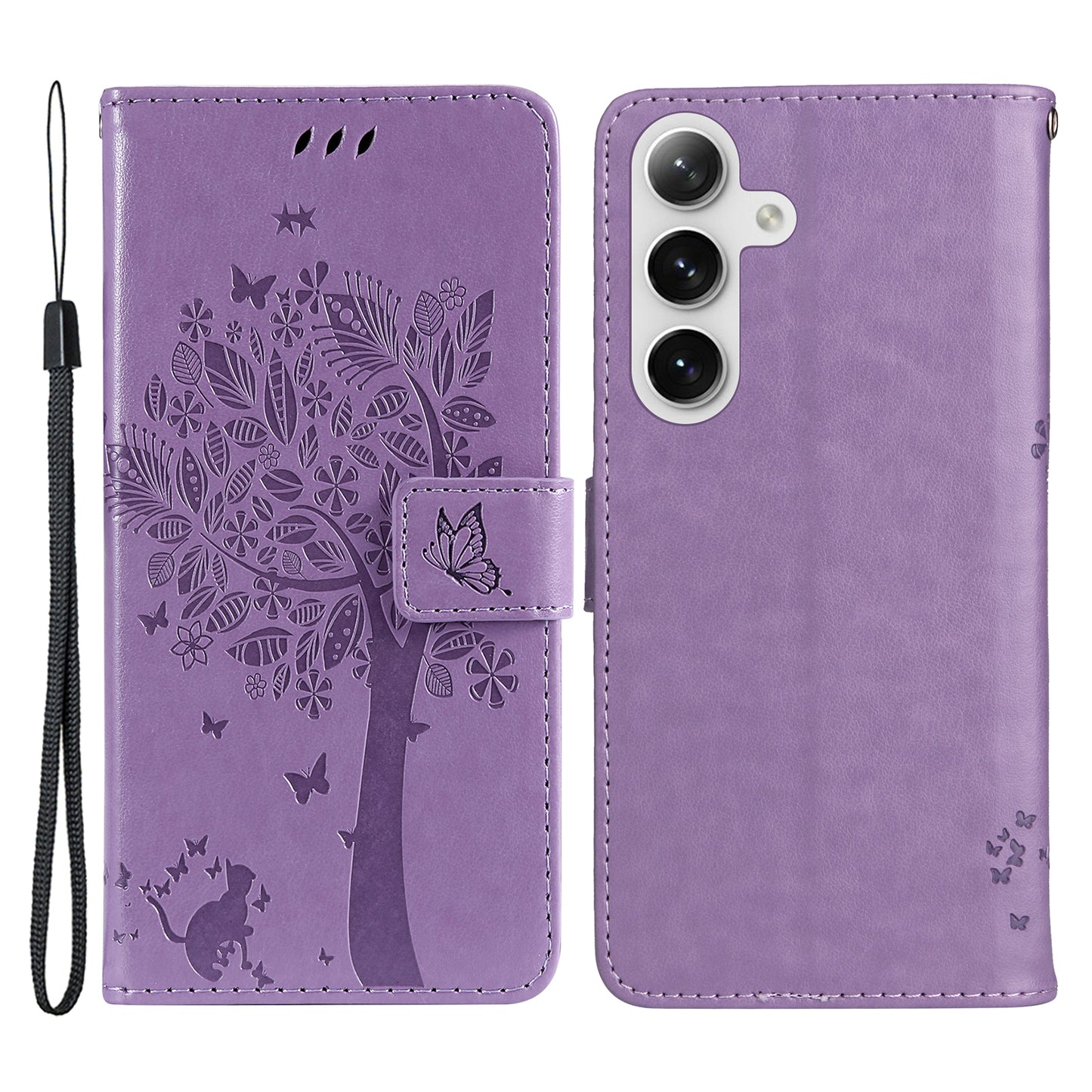 KT Imprinting Flower Series-3 for Samsung Galaxy S24 Case Leather Cat Tree Phone Cover - Light Purple