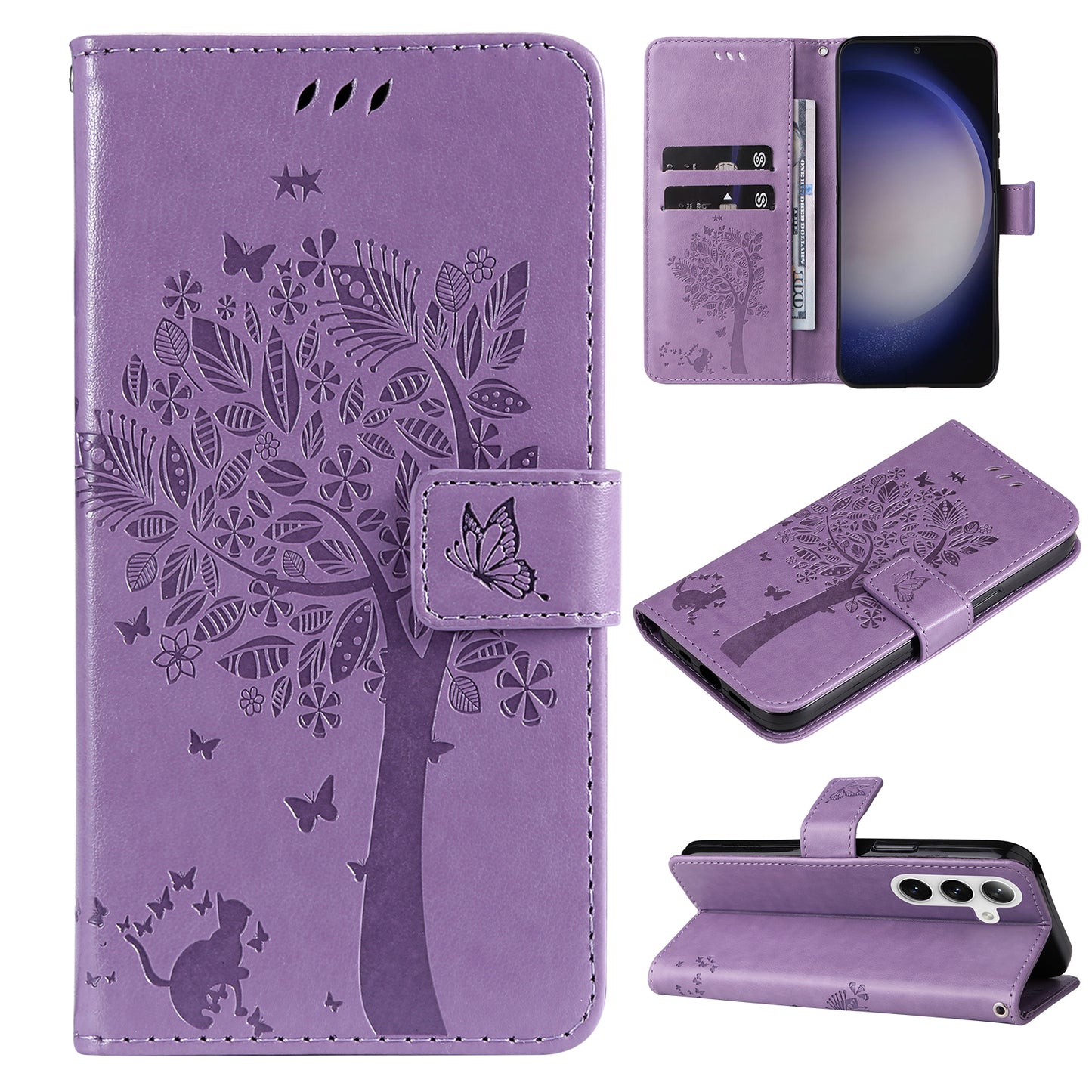 KT Imprinting Flower Series-3 for Samsung Galaxy S24 Case Leather Cat Tree Phone Cover - Light Purple
