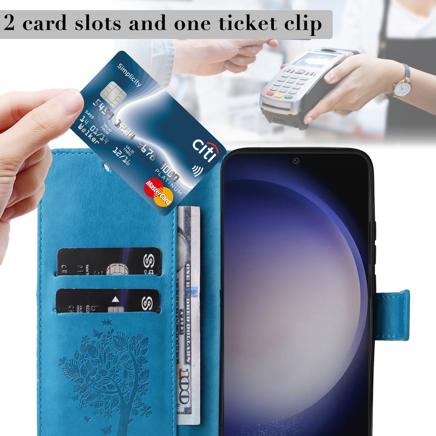KT Imprinting Flower Series-3 for Samsung Galaxy S24 Case Leather Cat Tree Phone Cover - Blue