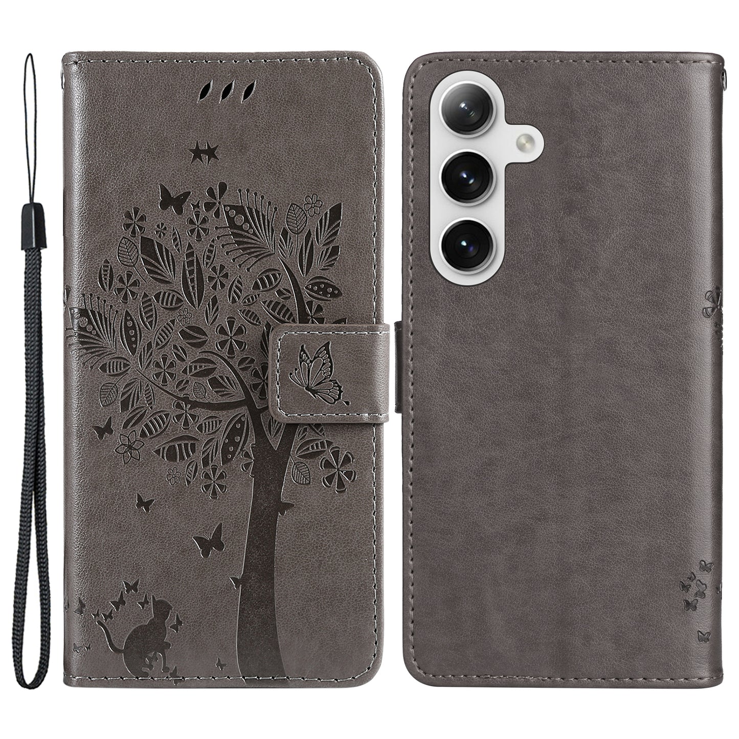 KT Imprinting Flower Series-3 for Samsung Galaxy S24 Case Leather Cat Tree Phone Cover - Grey