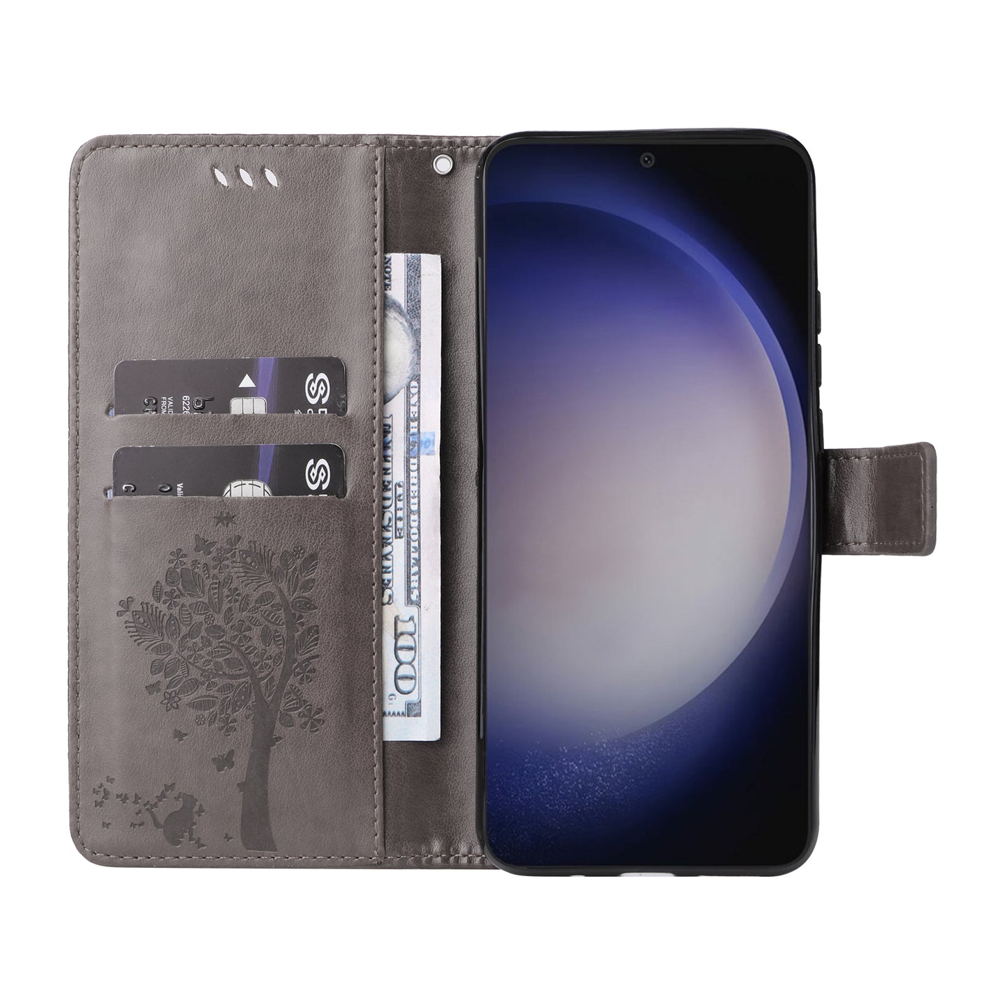 KT Imprinting Flower Series-3 for Samsung Galaxy S24 Case Leather Cat Tree Phone Cover - Grey