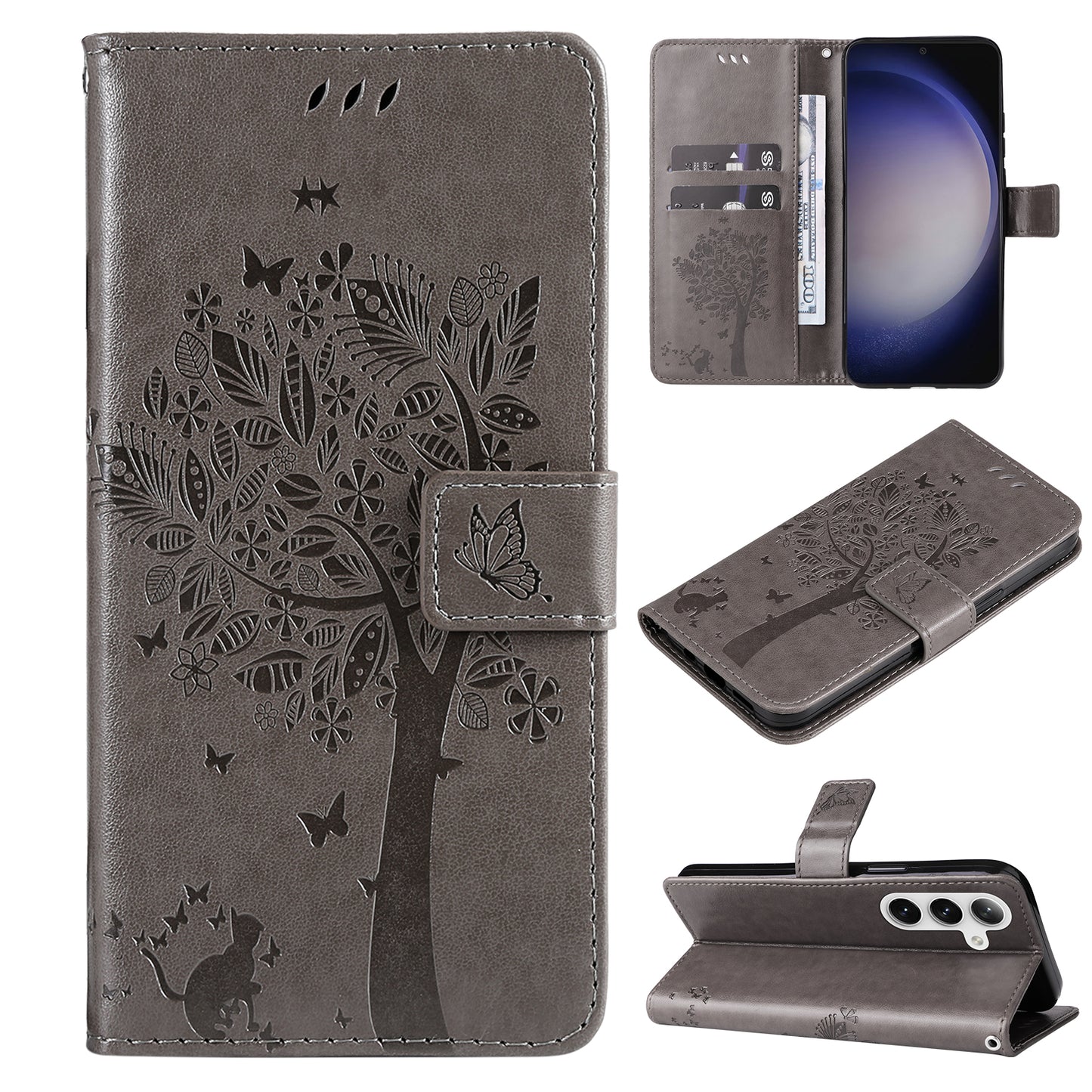 KT Imprinting Flower Series-3 for Samsung Galaxy S24 Case Leather Cat Tree Phone Cover - Grey